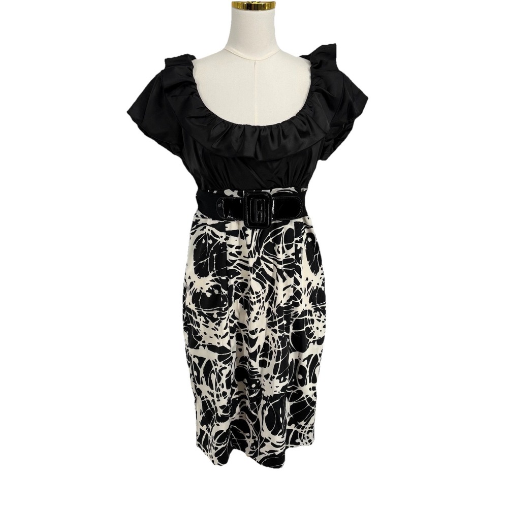 Y2K Roulette Women Belted Midi Dress 8 Black Satin Whimsigoth Indie Fairy Grunge